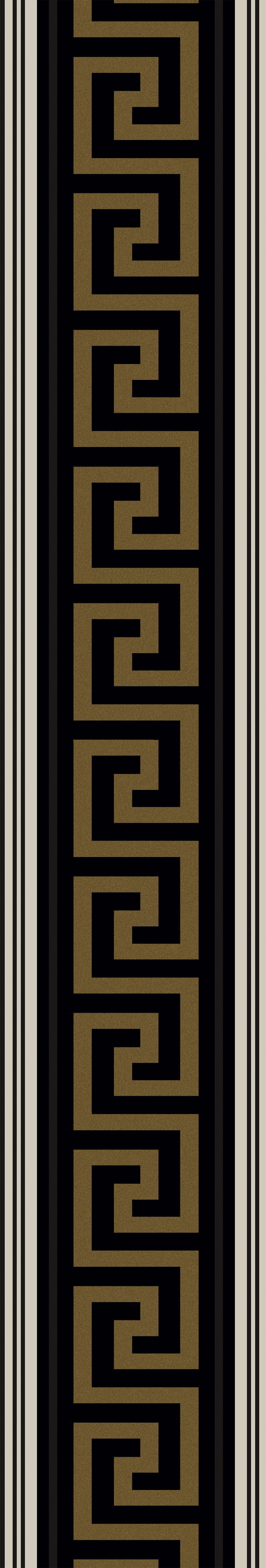 Gold lyre Greek key border on a black strip framed by cream borders, vertical luxury decor trim.