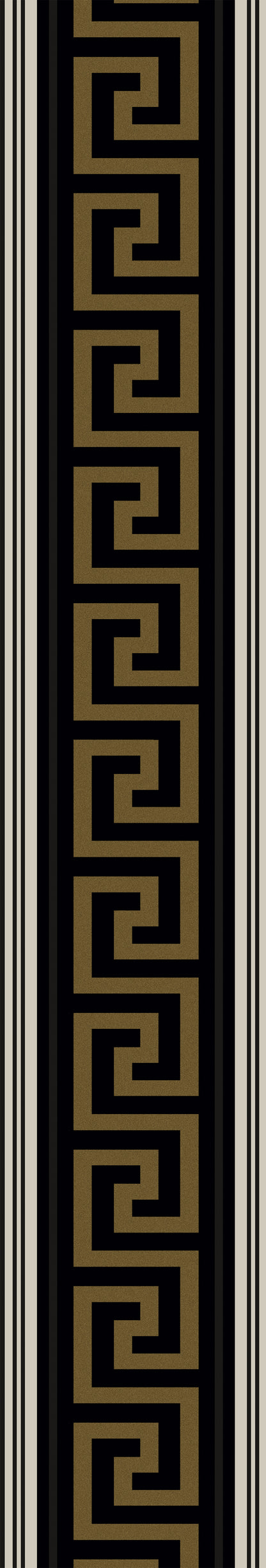 Gold lyre Greek key border on a black strip framed by cream borders, vertical luxury decor trim.