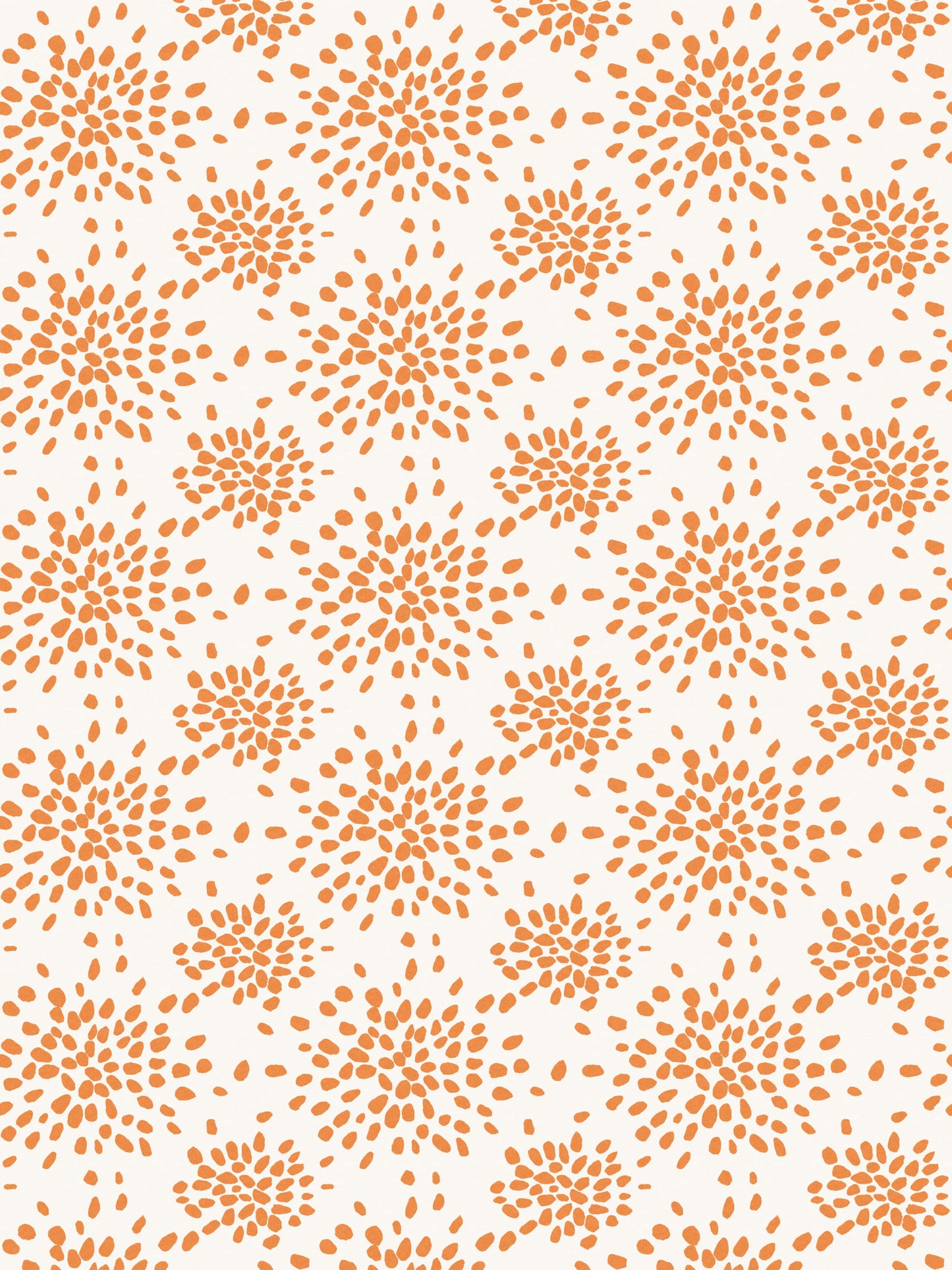 Repeating tangerine dots and circles pattern on white background; wallpaper pattern.
