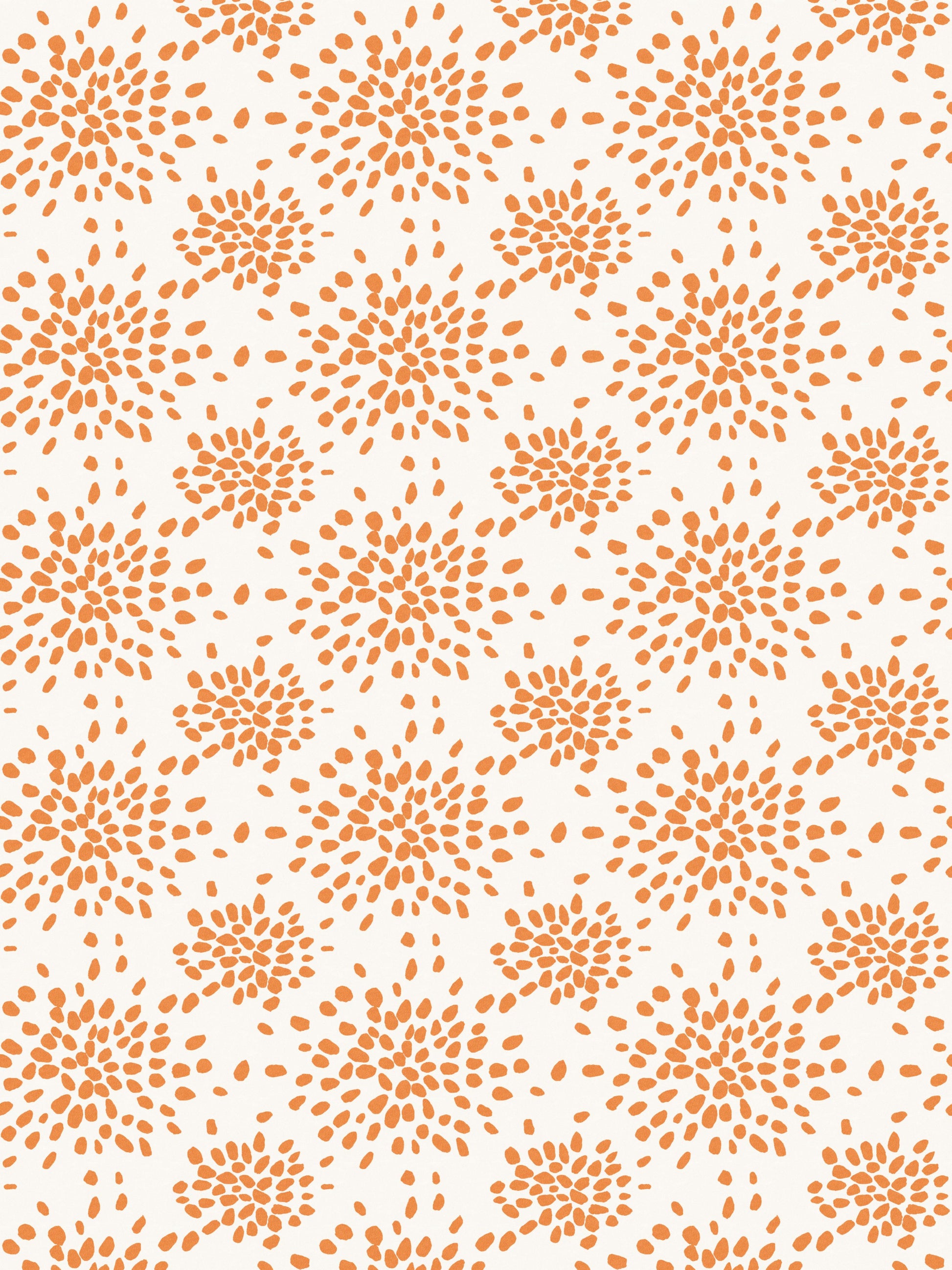Repeating tangerine dots and circles pattern on white background; wallpaper pattern.