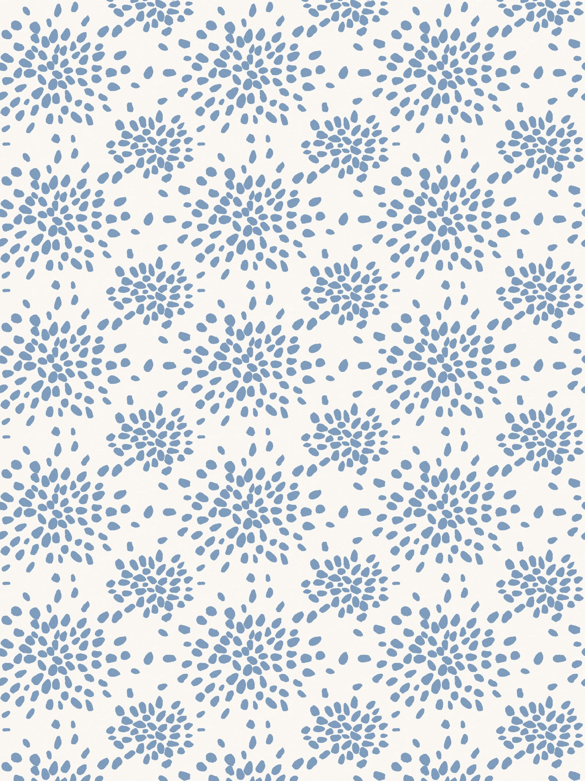 Repeating blue floral burst motif pattern on a white background.