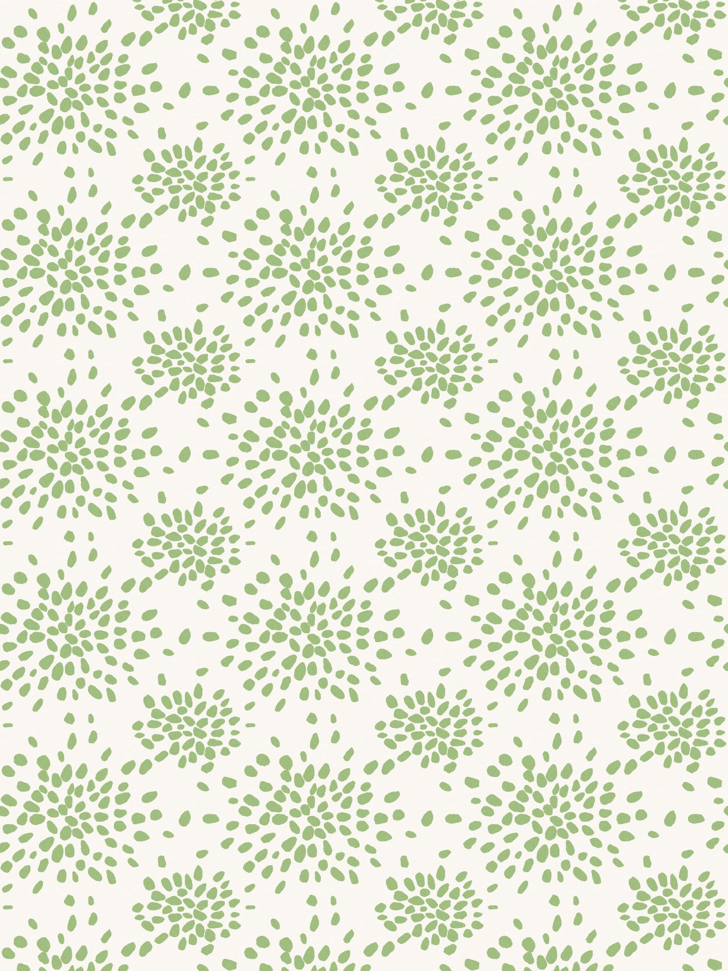 Soft green botanical sunburst pattern with leaf-like petals on white, repeating fabric/wallpaper design.