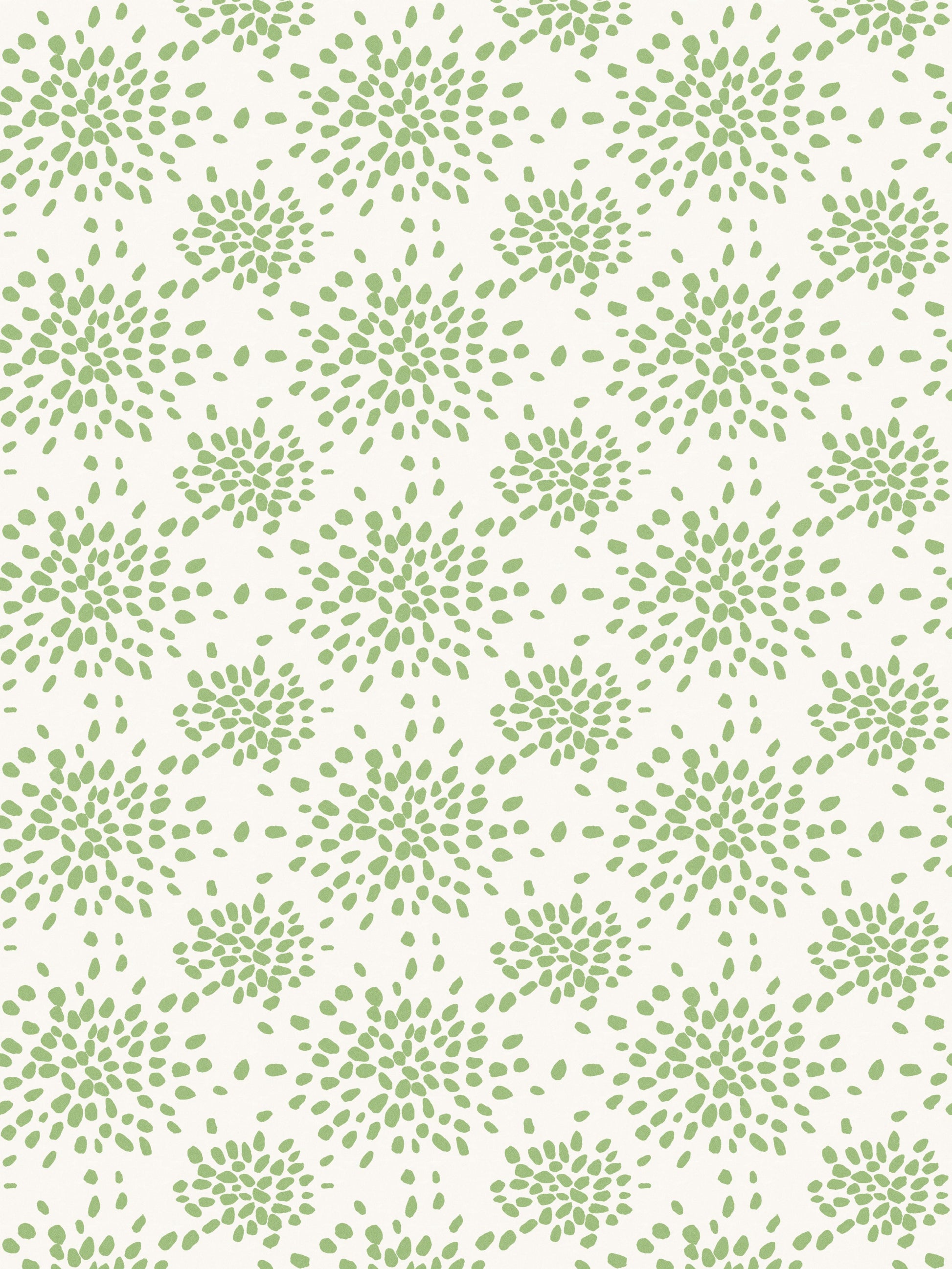 Soft green botanical sunburst pattern with leaf-like petals on white, repeating fabric/wallpaper design.