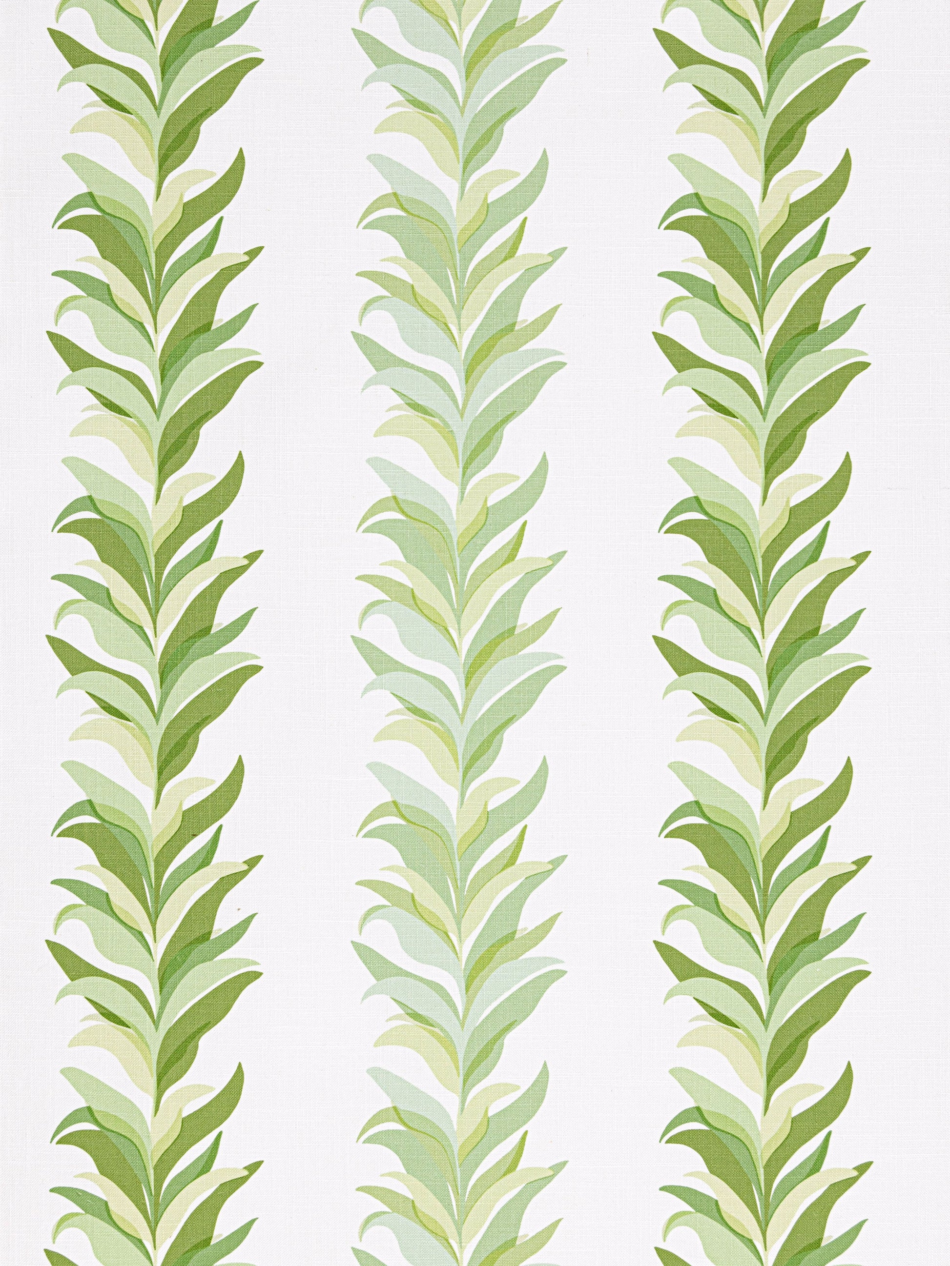 Three vertical leafy vines in varying greens; botanical wallpaper pattern for walls.