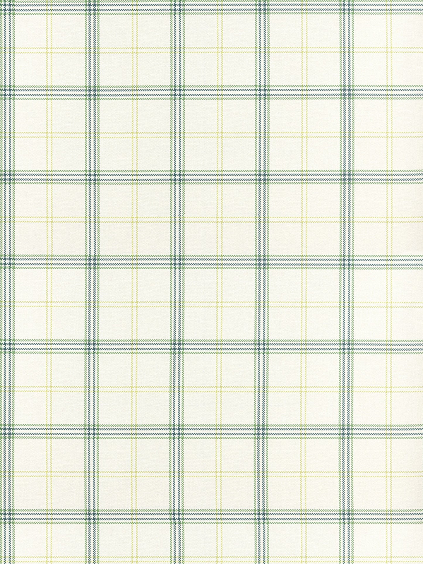 Beige woven plaid fabric with green and pale yellow stripes forming a grid; lightweight textile for shirts.