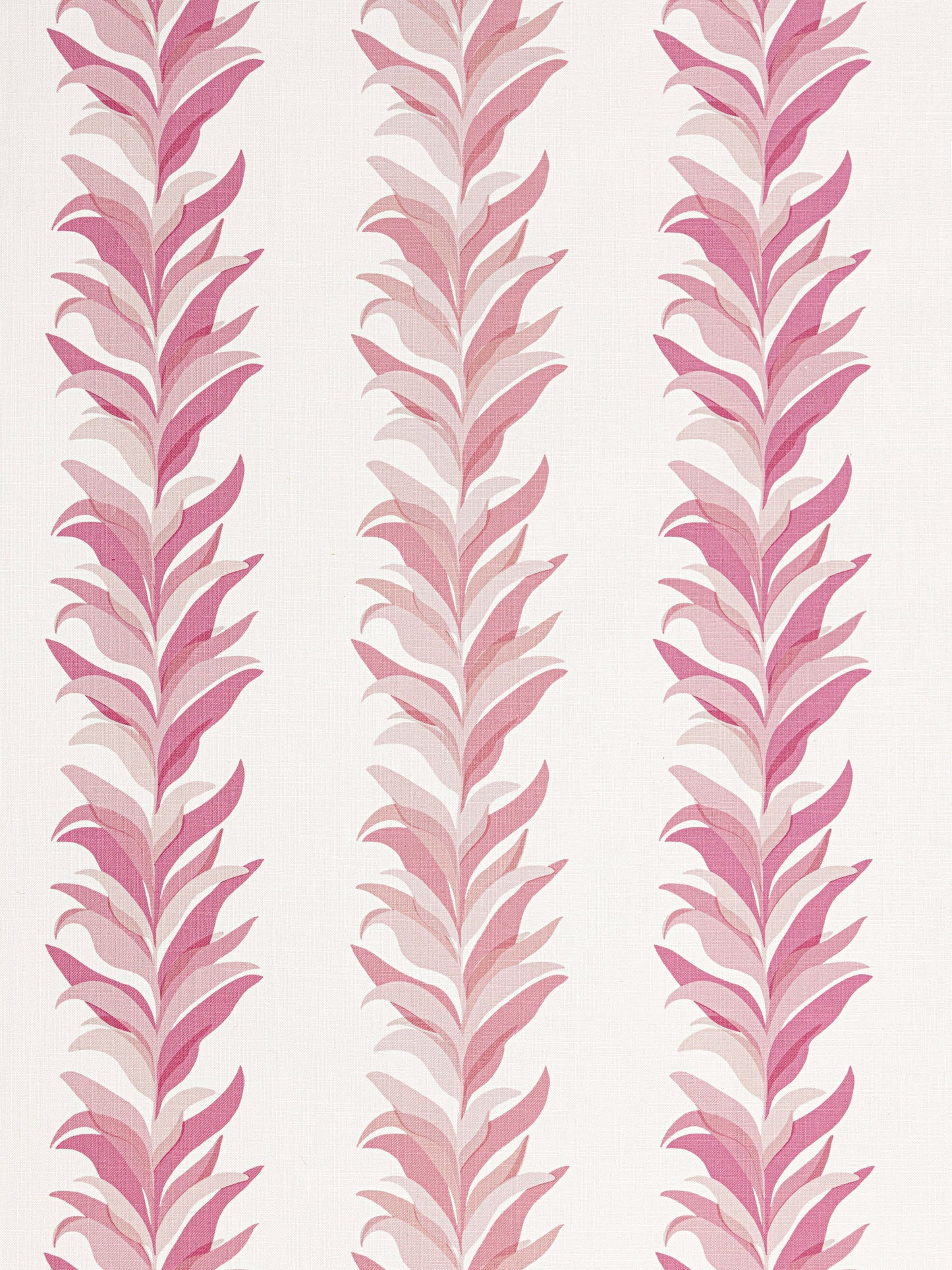 Cream wallpaper with three vertical columns of pink leaf motifs in soft blush tones.