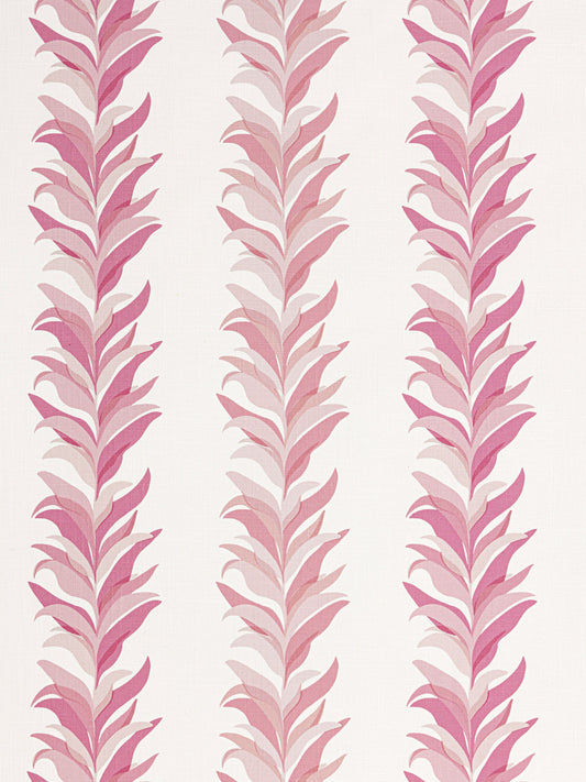 Cream wallpaper with three vertical columns of pink leaf motifs in soft blush tones.