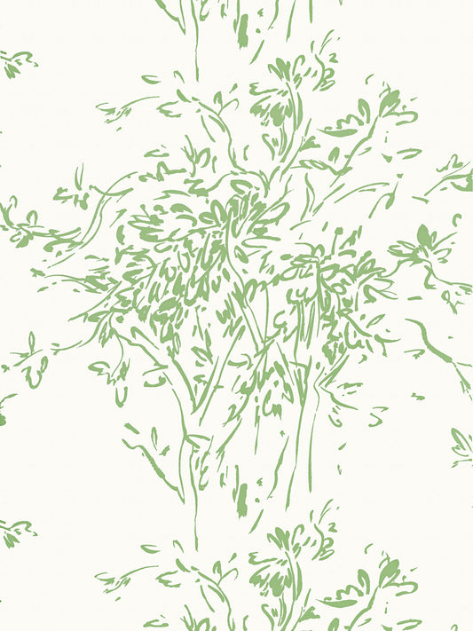 Green botanical line-drawing pattern of stems, leaves and blossoms on a pale cream background.