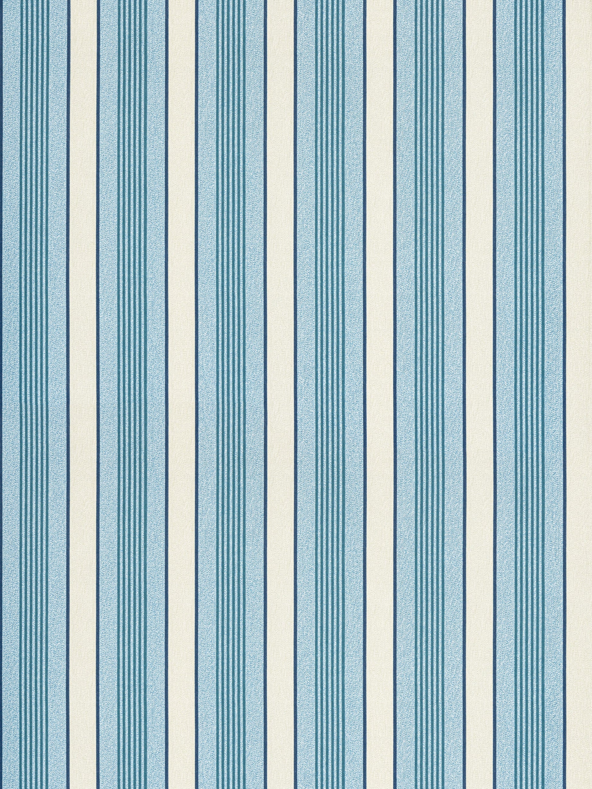 Vertical turquoise and light-blue striped wallpaper pattern on beige background with dark navy separators; printed wallcovering texture.