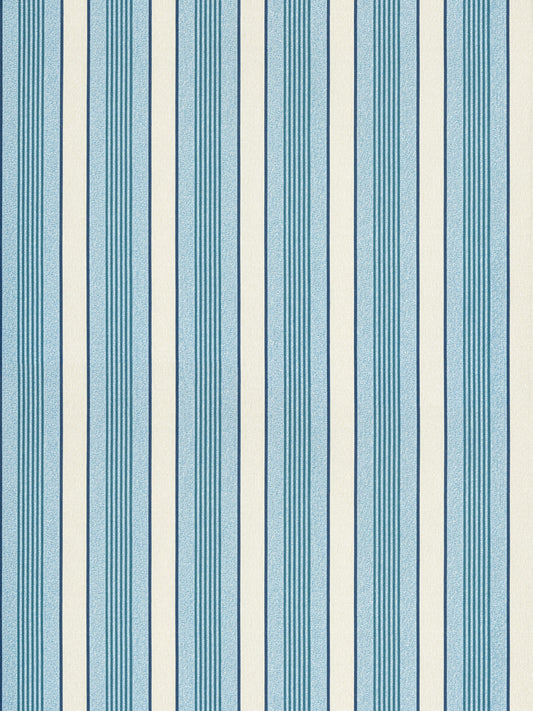 Vertical turquoise and light-blue striped wallpaper pattern on beige background with dark navy separators; printed wallcovering texture.