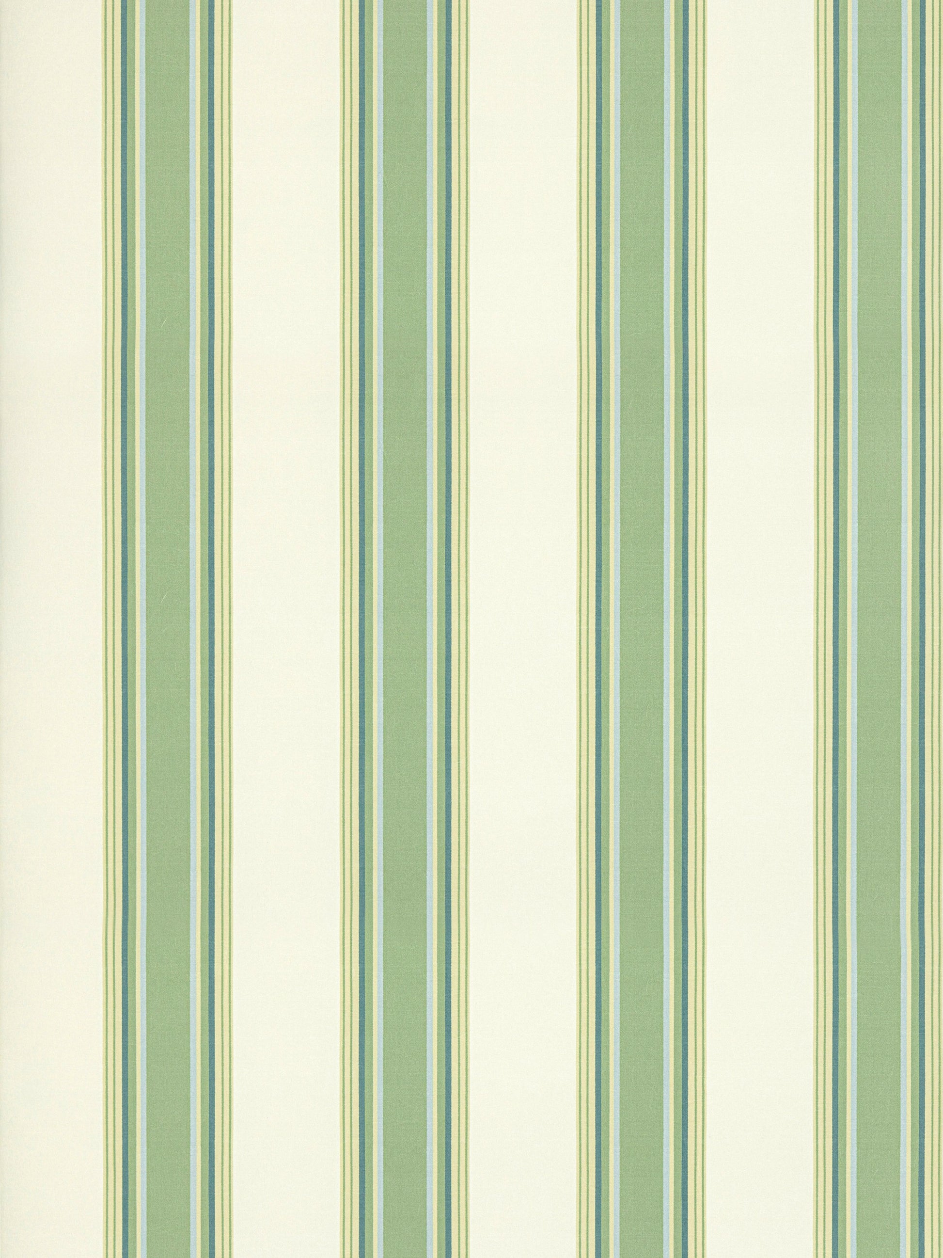 Vertical striped wallpaper in green, teal, and cream tones with alternating wide and narrow stripes.