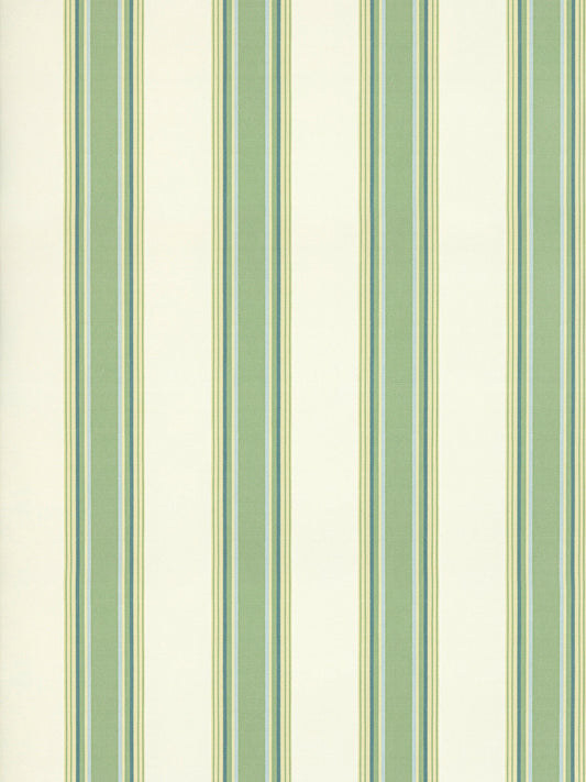 Vertical striped wallpaper in green, teal, and cream tones with alternating wide and narrow stripes.