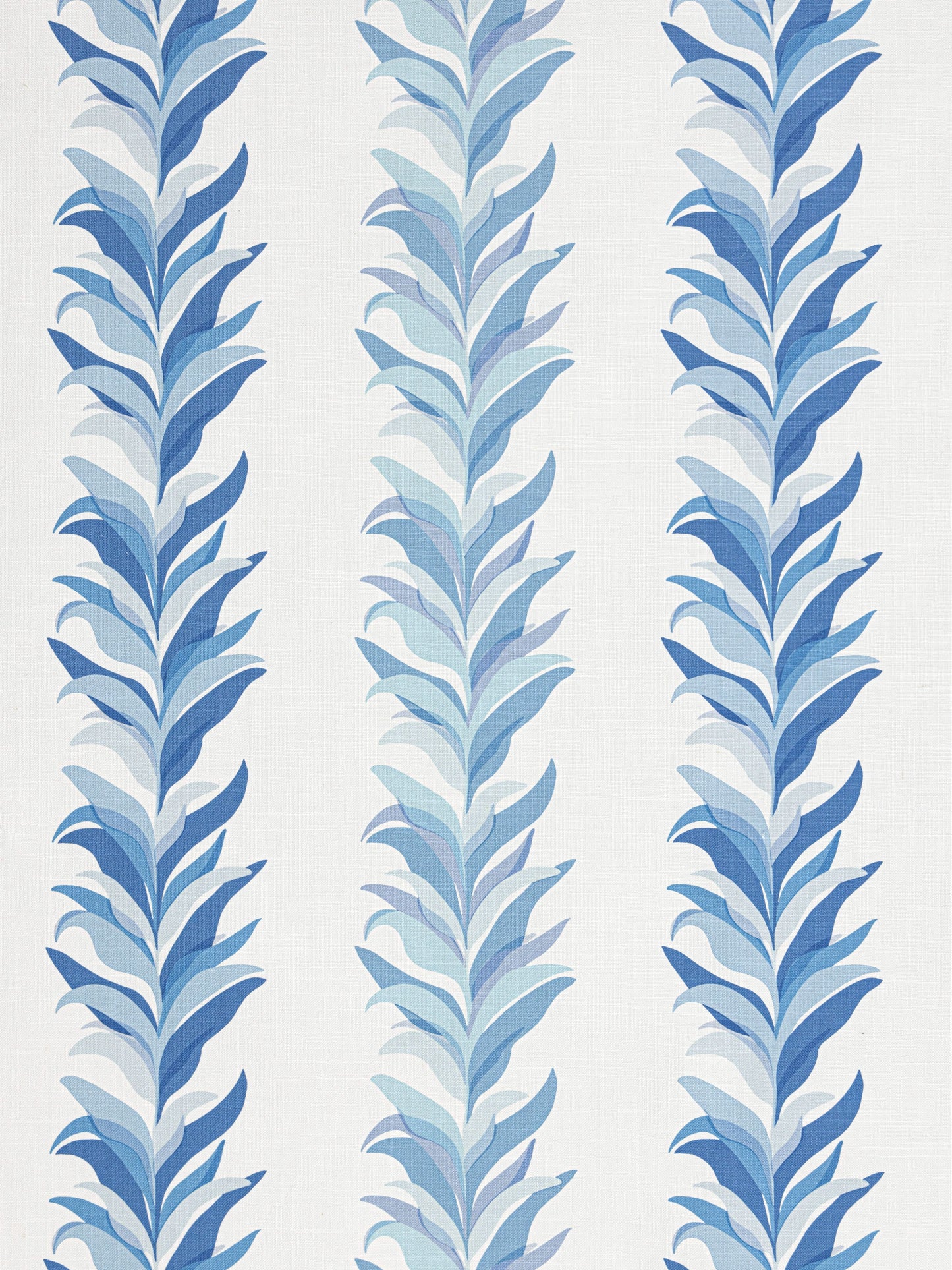 Three vertical blue botanical frieze patterns of layered leaves in varying blue tones on pale background; wallpaper design.