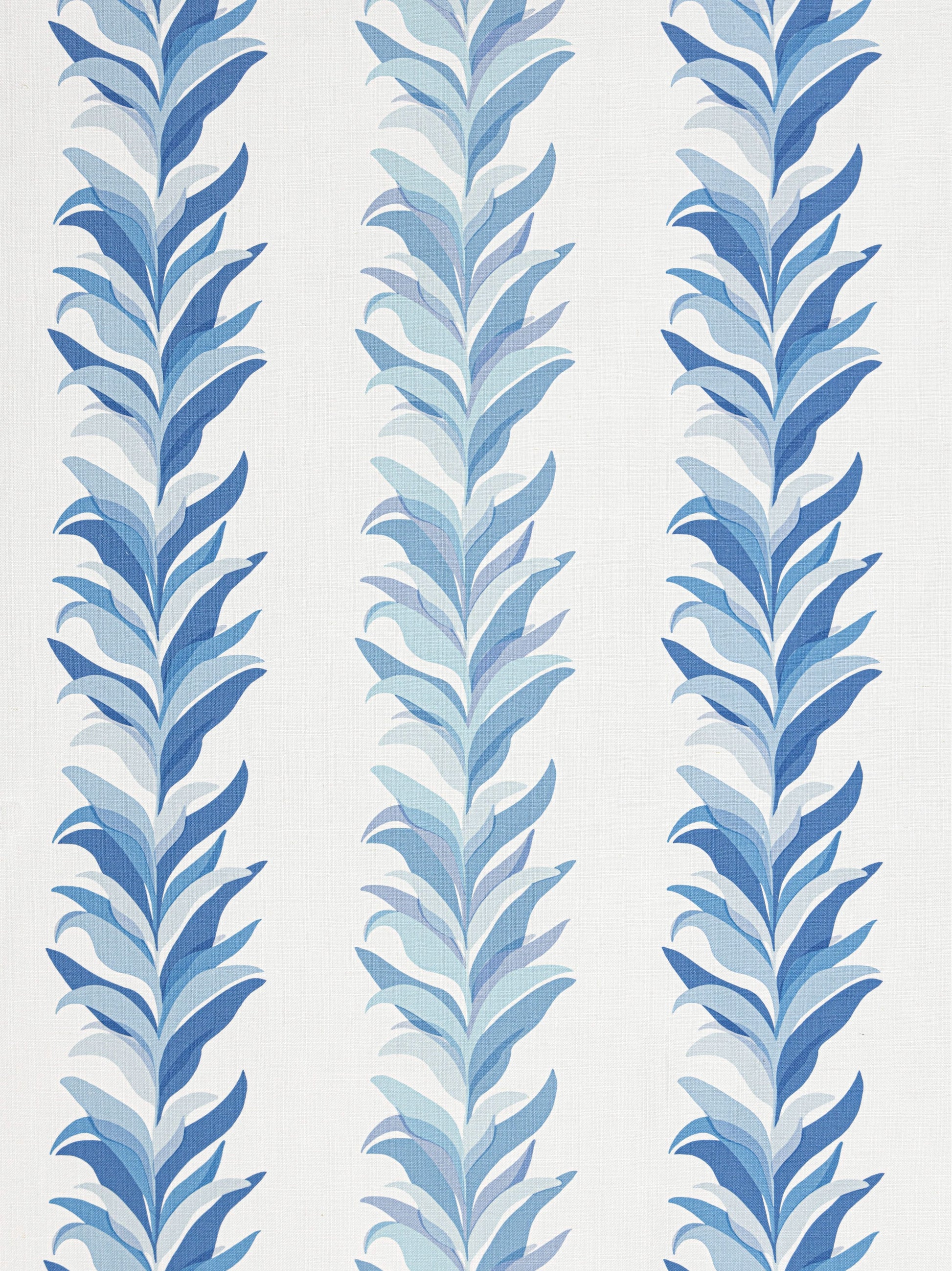 Three vertical blue botanical frieze patterns of layered leaves in varying blue tones on pale background; wallpaper design.