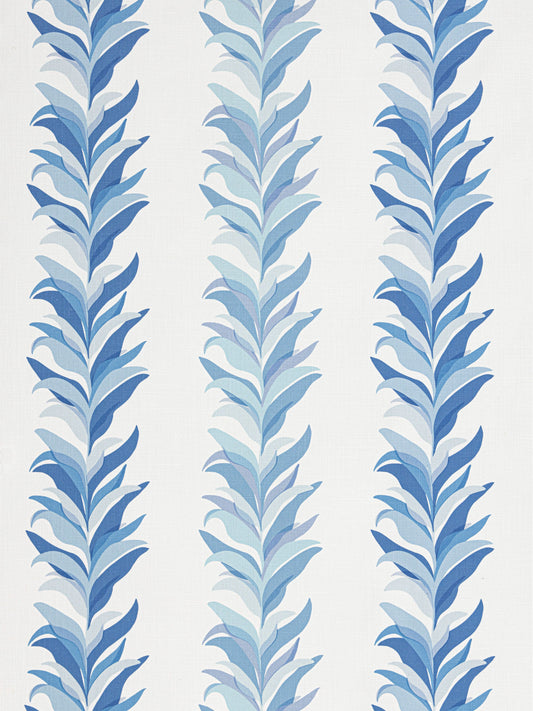 Three vertical blue botanical frieze patterns of layered leaves in varying blue tones on pale background; wallpaper design.