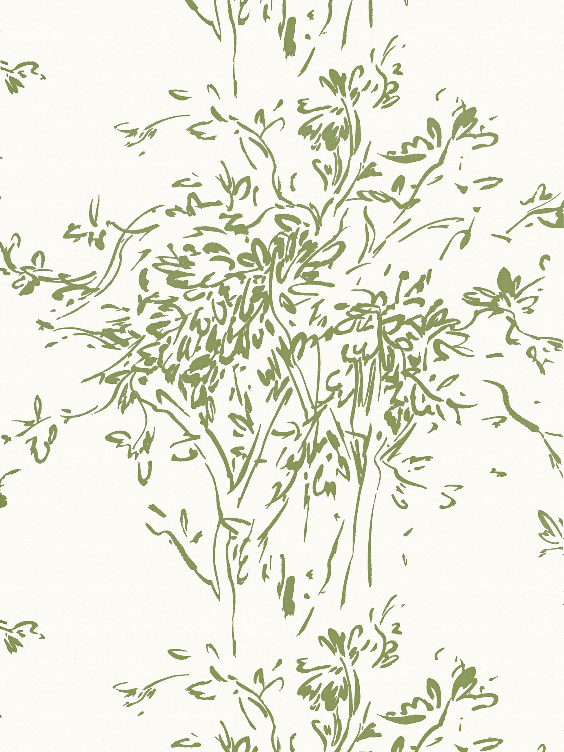 Olive green botanical line-drawing of a tree with leaves on a cream background; decorative pattern for wallpaper or fabric.