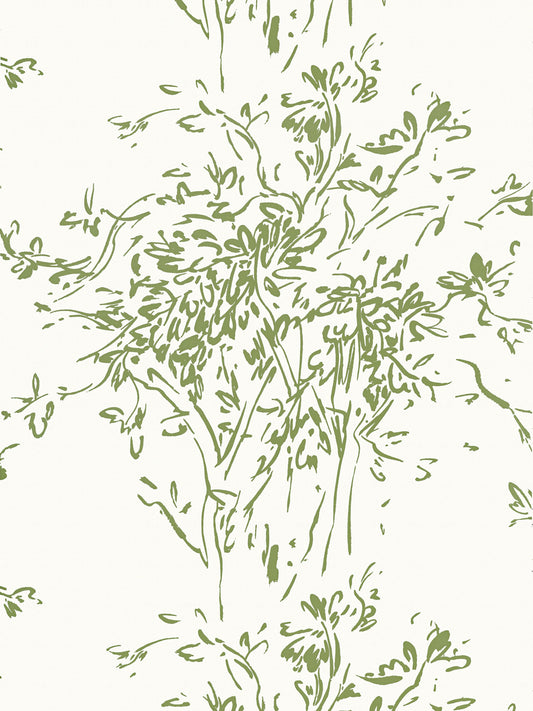 Olive green botanical line-drawing of a tree with leaves on a cream background; decorative pattern for wallpaper or fabric.