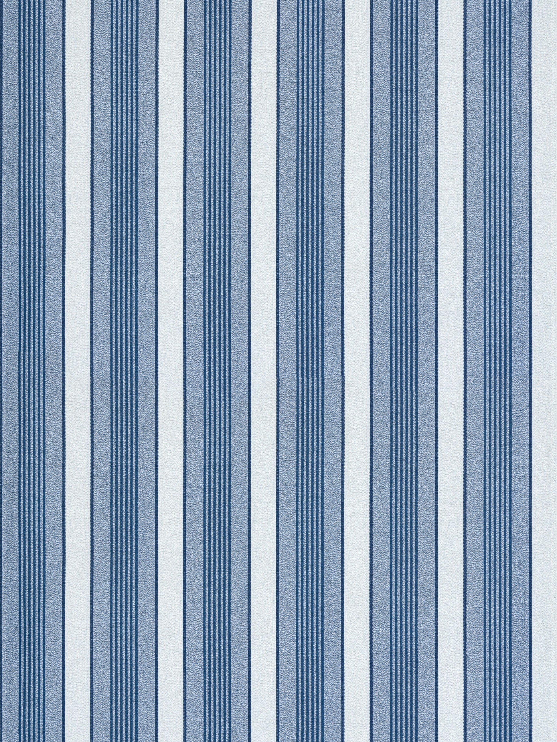 Vertical cobalt wallpaper with alternating light blue and white stripes and fine navy pinstripes.