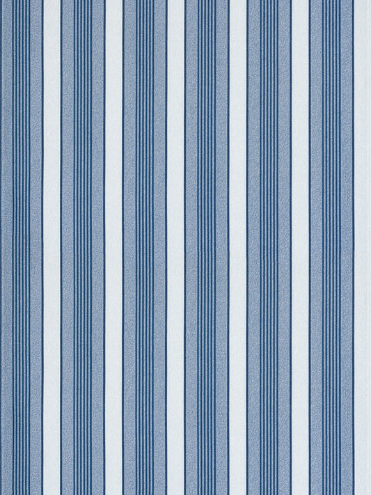 Vertical cobalt wallpaper with alternating light blue and white stripes and fine navy pinstripes.