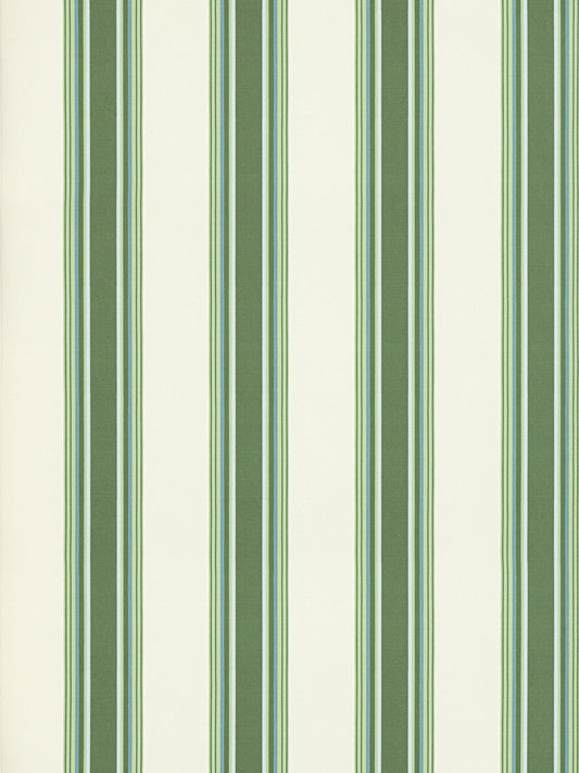 Vertical green striped wallpaper with olive and pale cream bands; fern stripe pattern.