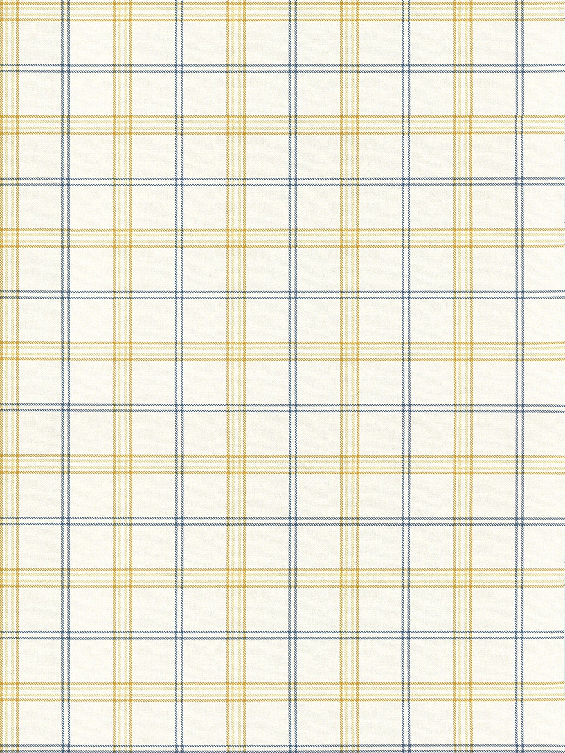 Yellow and navy blue plaid fabric with thin lines; a woven textile suitable for shirts or home decor.