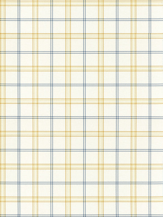 Yellow and navy blue plaid fabric with thin lines; a woven textile suitable for shirts or home decor.