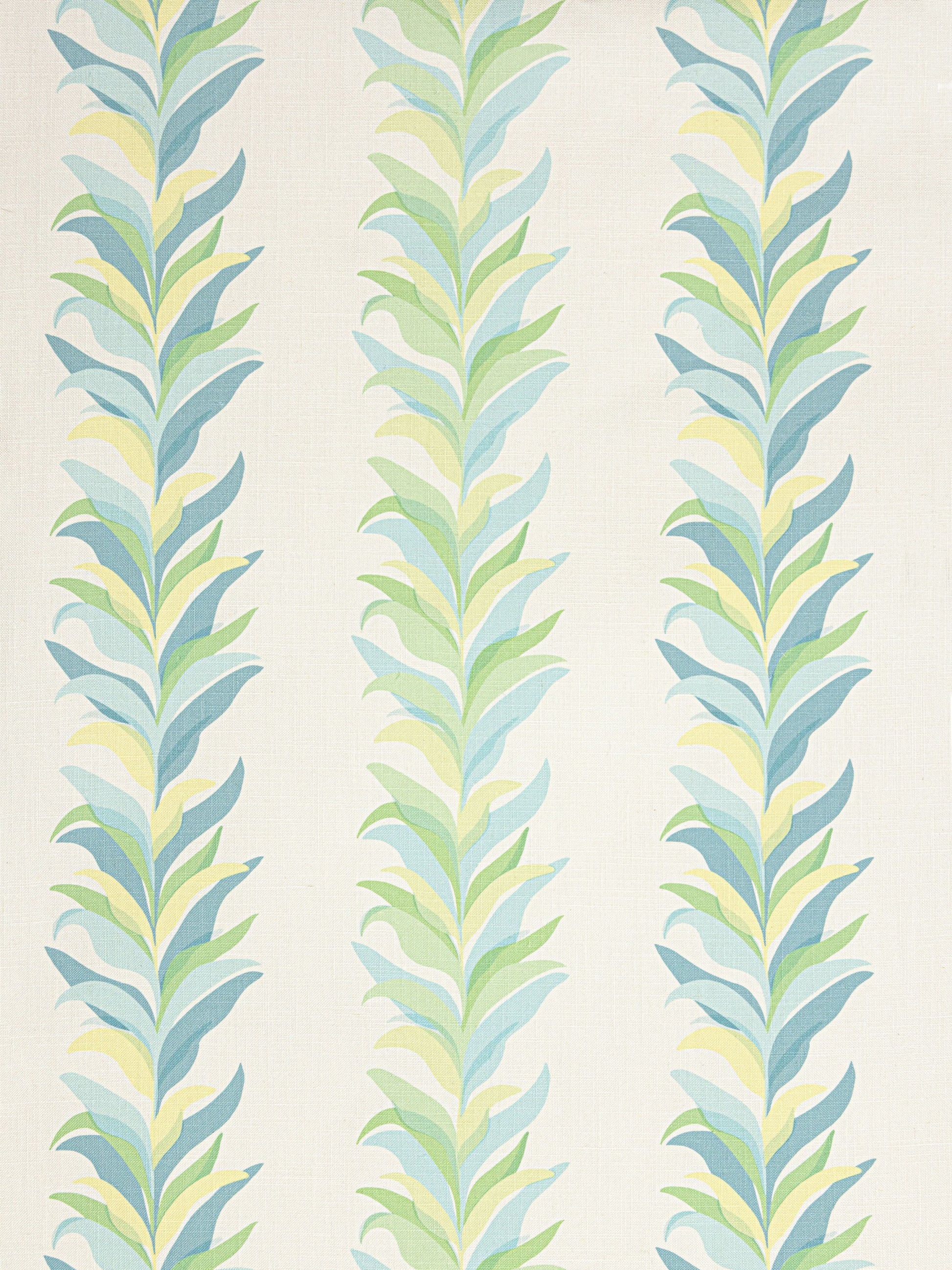 Pastel leaf-pattern wallpaper with three vertical vine columns in blue, green, and yellow on cream background.
