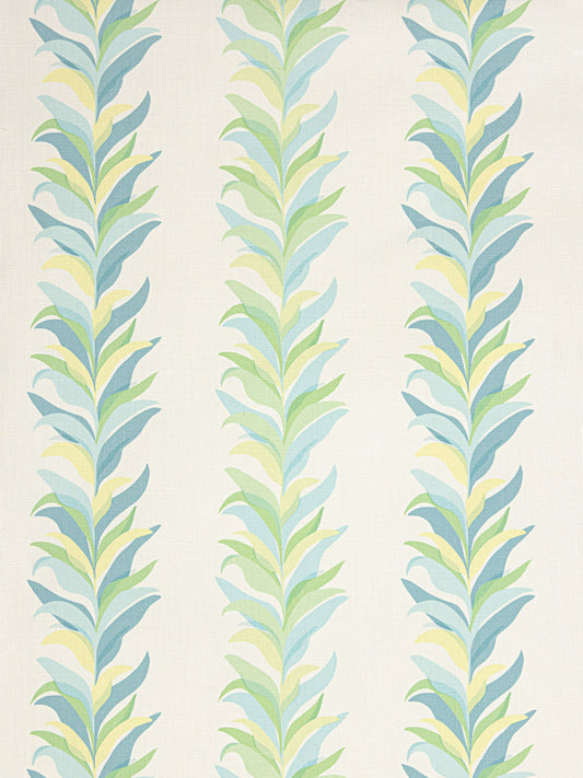 Pastel leaf-pattern wallpaper with three vertical vine columns in blue, green, and yellow on cream background.