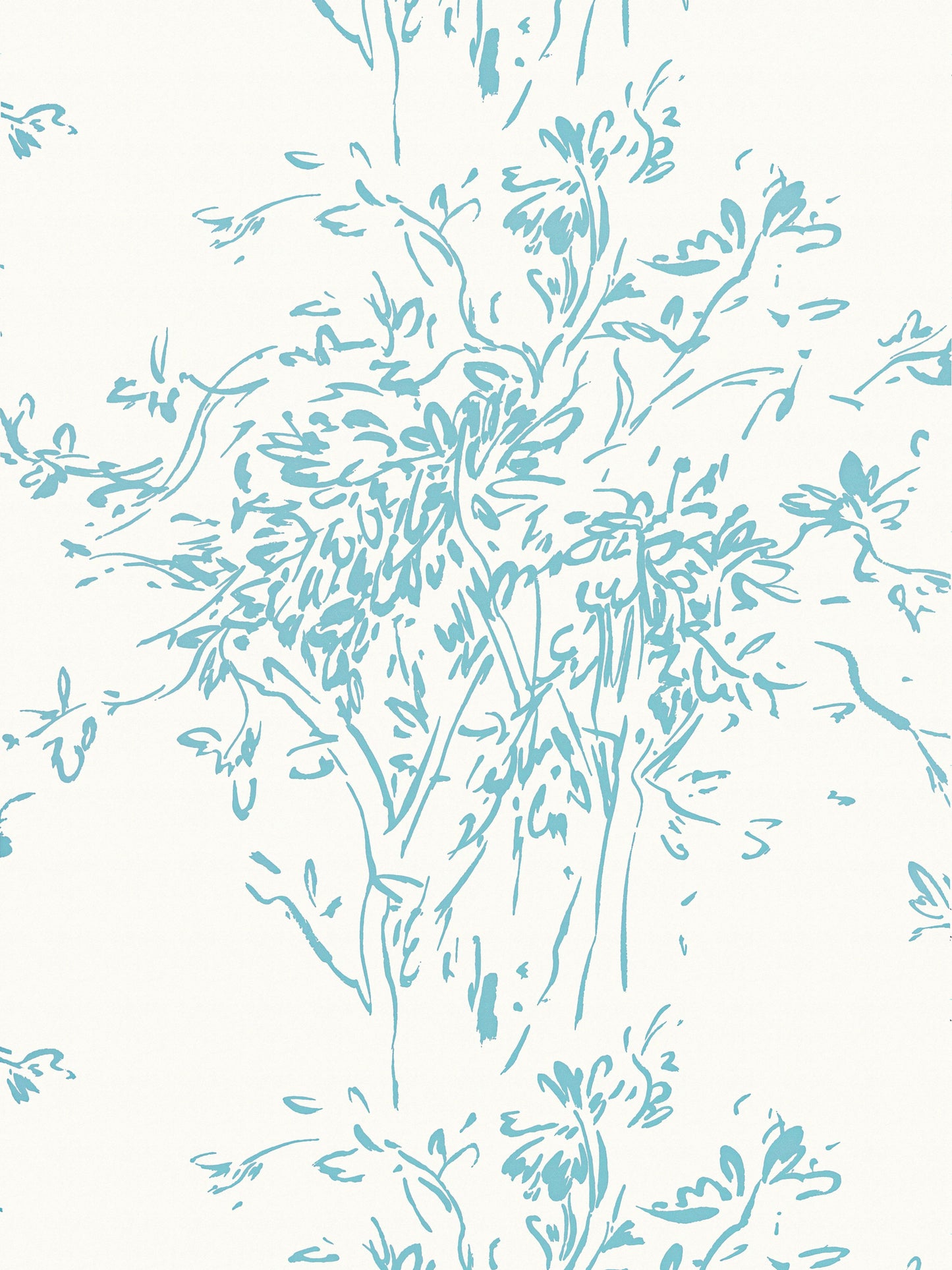 Teal botanical vine pattern with leaves set against white.