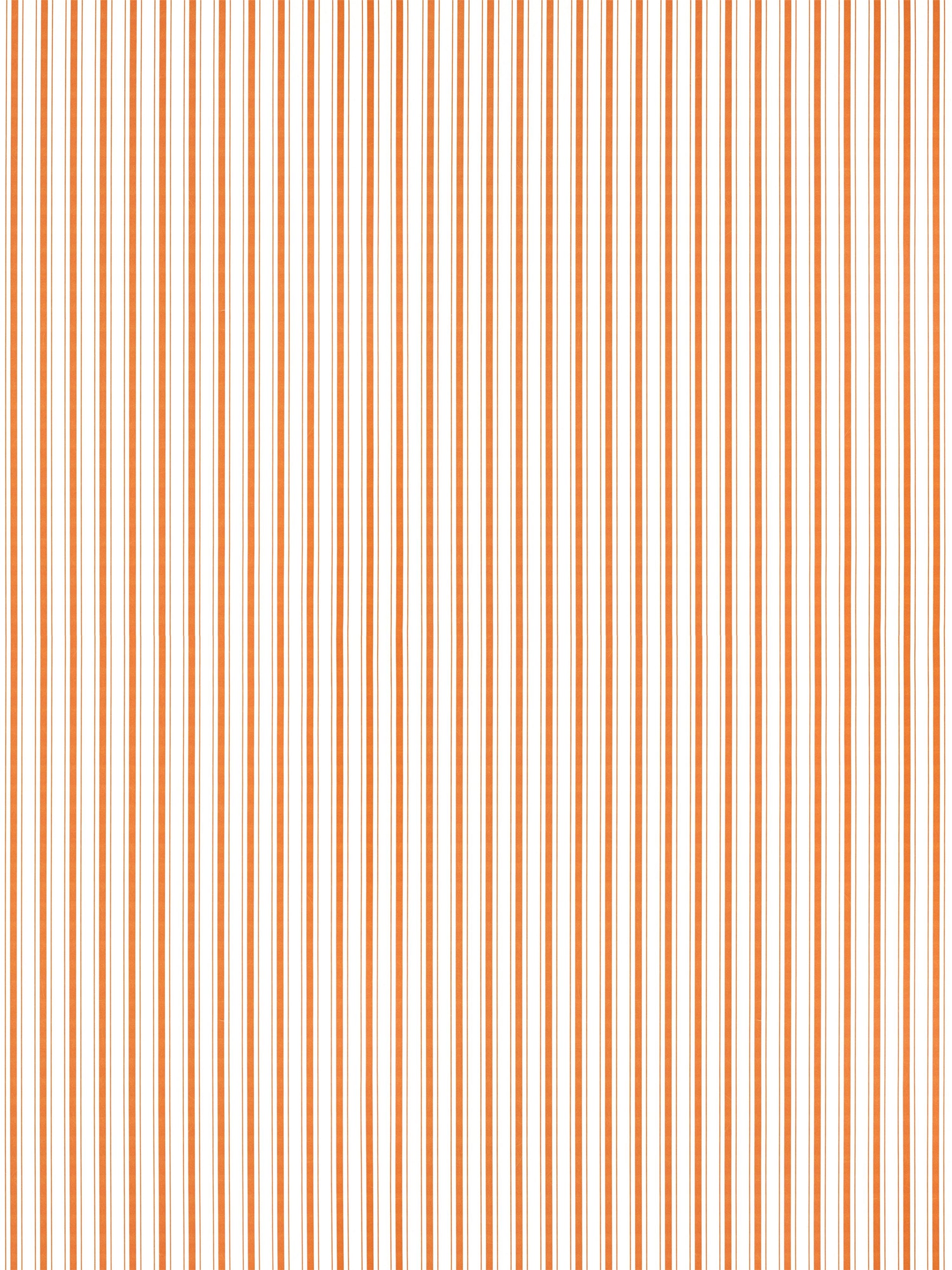 Vertical narrow tangerine stripes on white background; small-scale stripe wallpaper pattern.