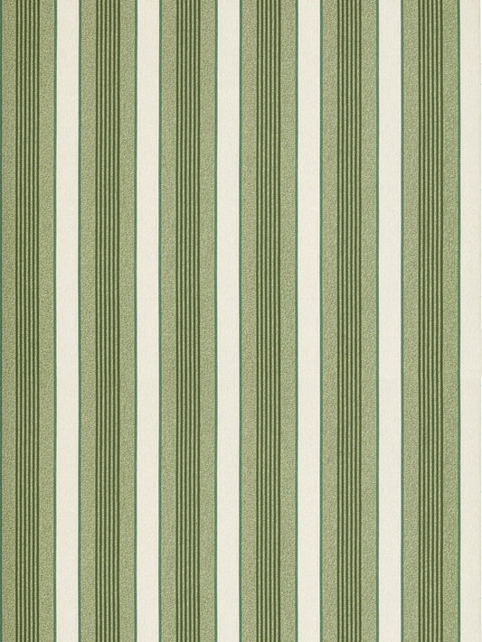Olive green and cream vertical striped wallpaper with textured, ribbed stripes.