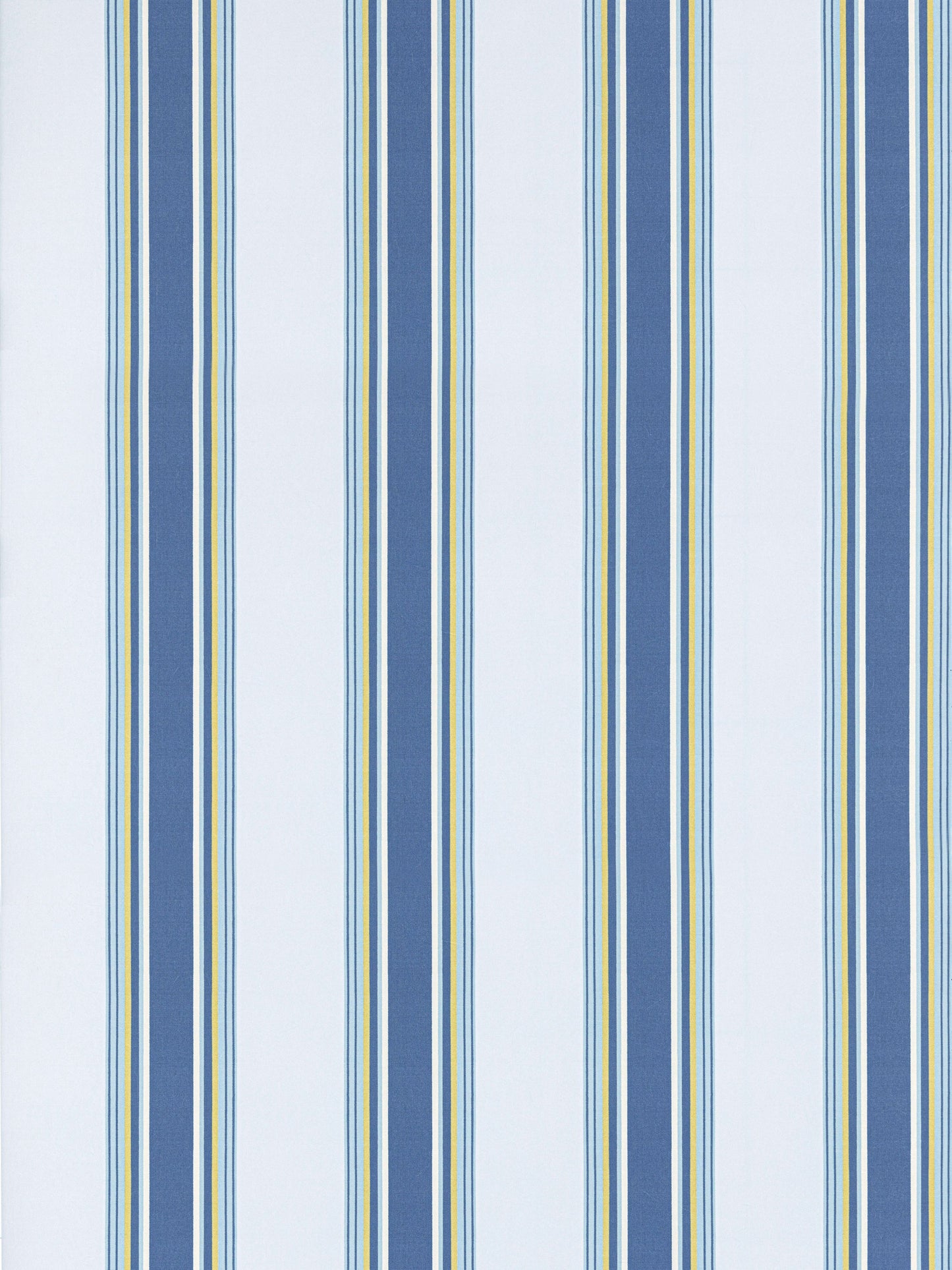 Vertical striped wallpaper in navy, light blue and white with thin gold accents.