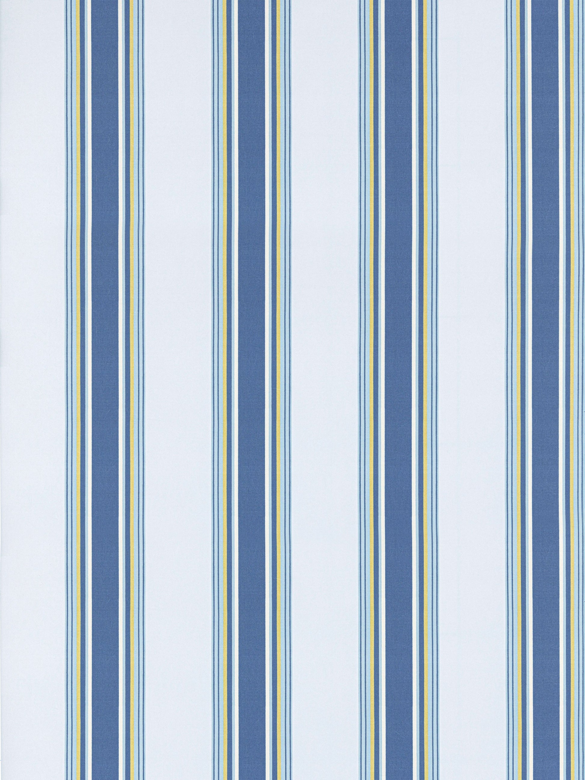 Vertical striped wallpaper in navy, light blue and white with thin gold accents.