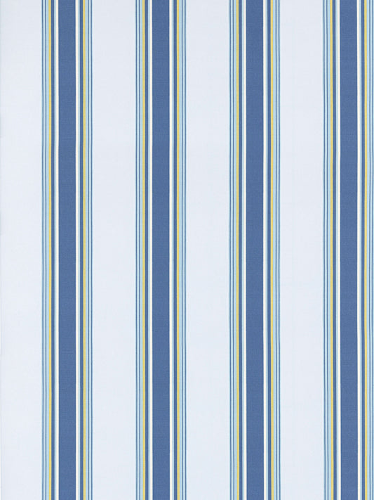 Vertical striped wallpaper in navy, light blue and white with thin gold accents.
