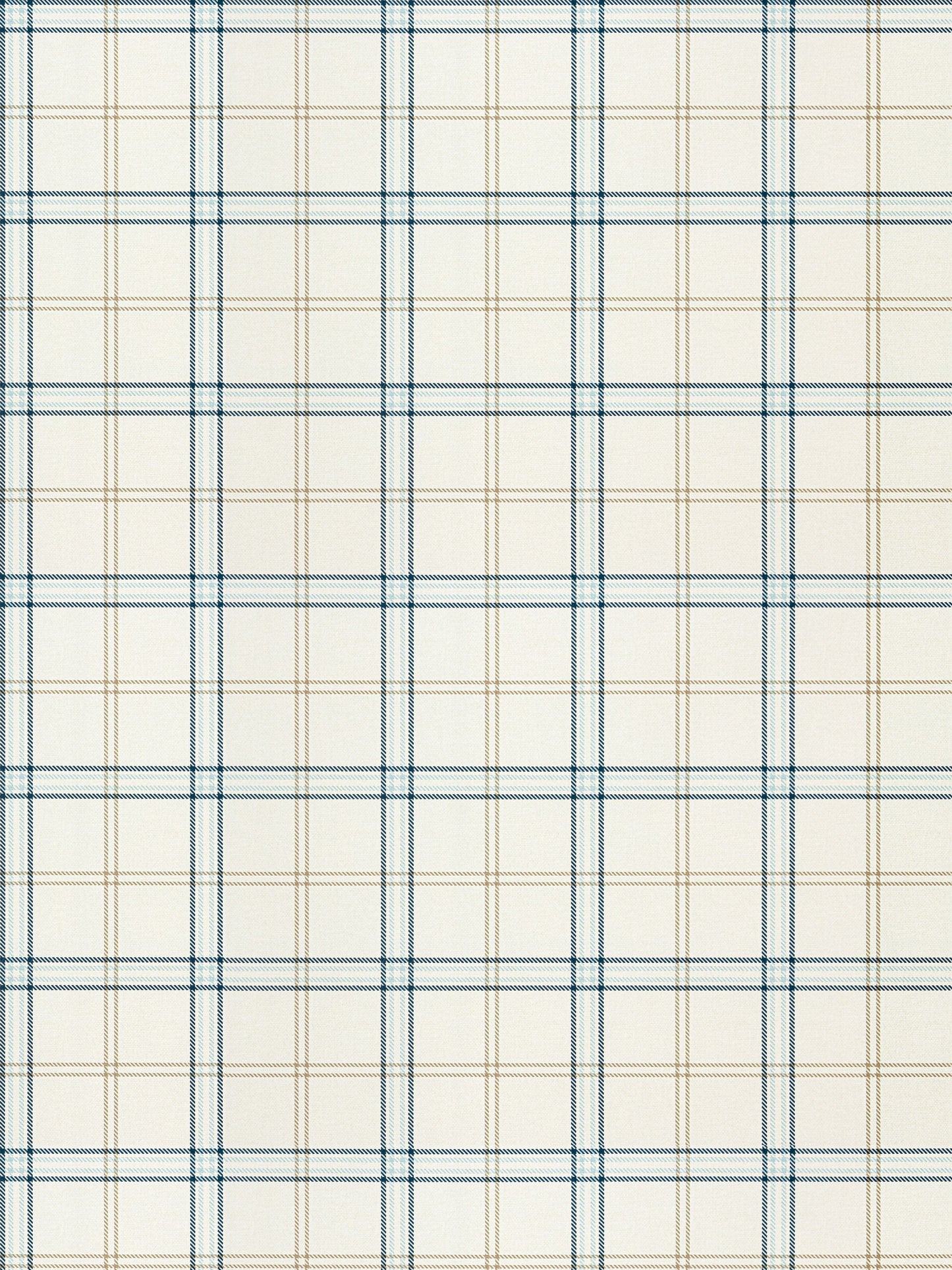 Cream plaid fabric with navy blue and light tan lines in a classic grid, shirt-weight cotton material.