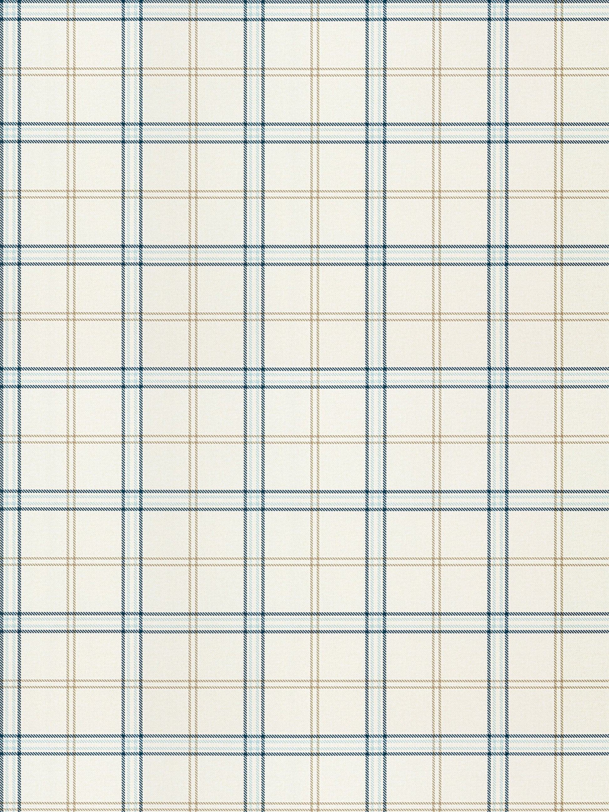 Cream plaid fabric with navy blue and light tan lines in a classic grid, shirt-weight cotton material.