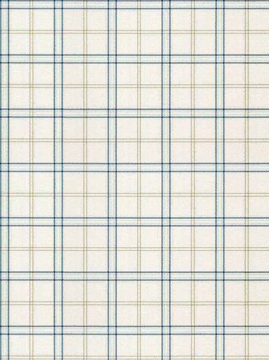 Cream plaid fabric with navy blue and light tan lines in a classic grid, shirt-weight cotton material.