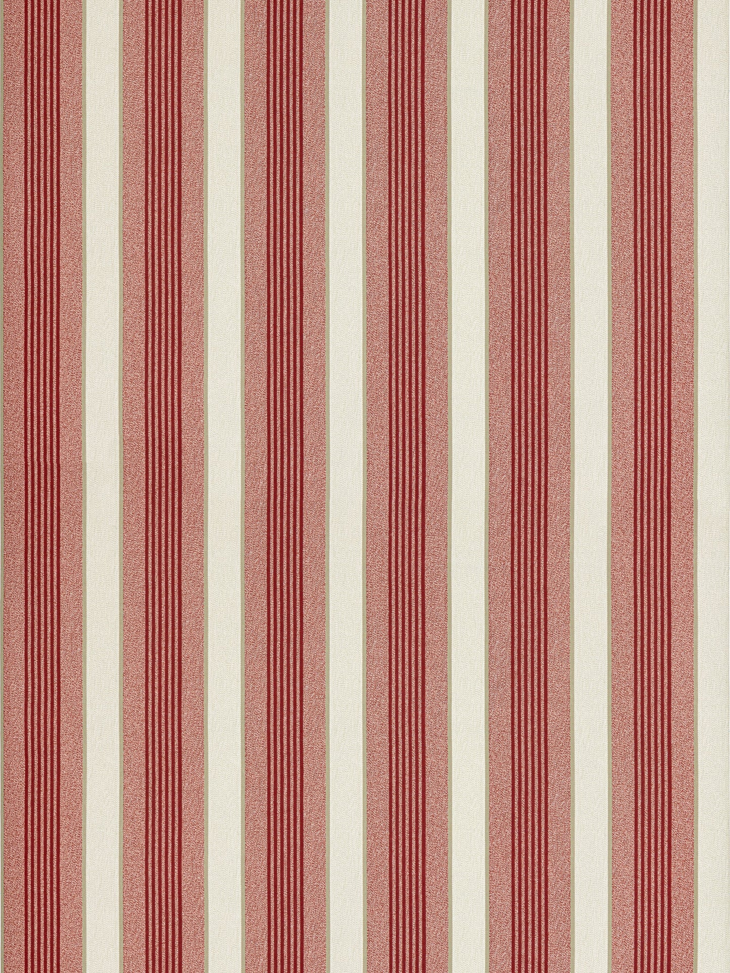 Vertical red and cream striped fabric with a textured weave; classic upholstery or wallpaper pattern.