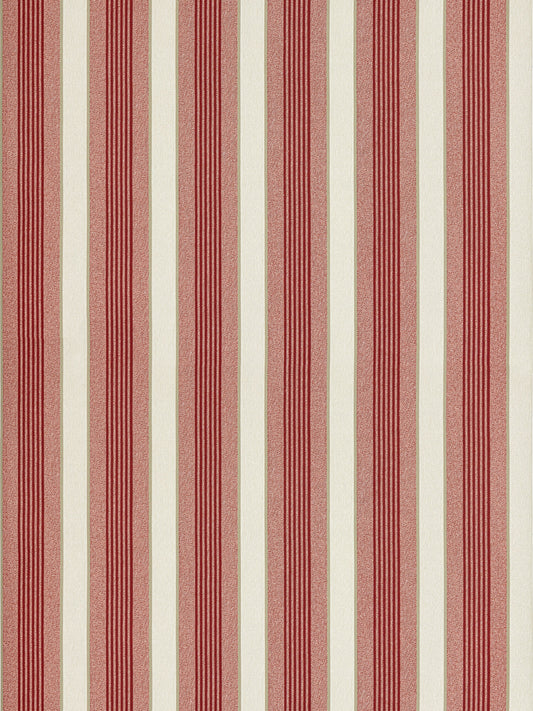 Vertical red and cream striped fabric with a textured weave; classic upholstery or wallpaper pattern.