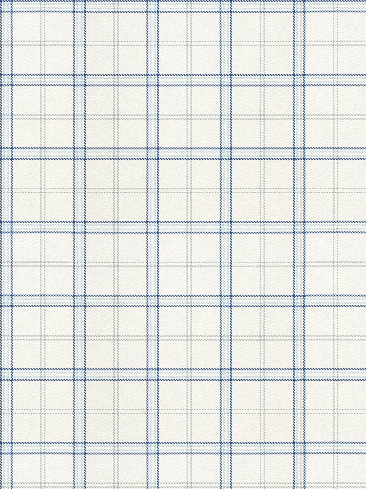 Off-white wallpaper with blue plaid grid pattern; thin and thick blue lines form a classic plaid design.