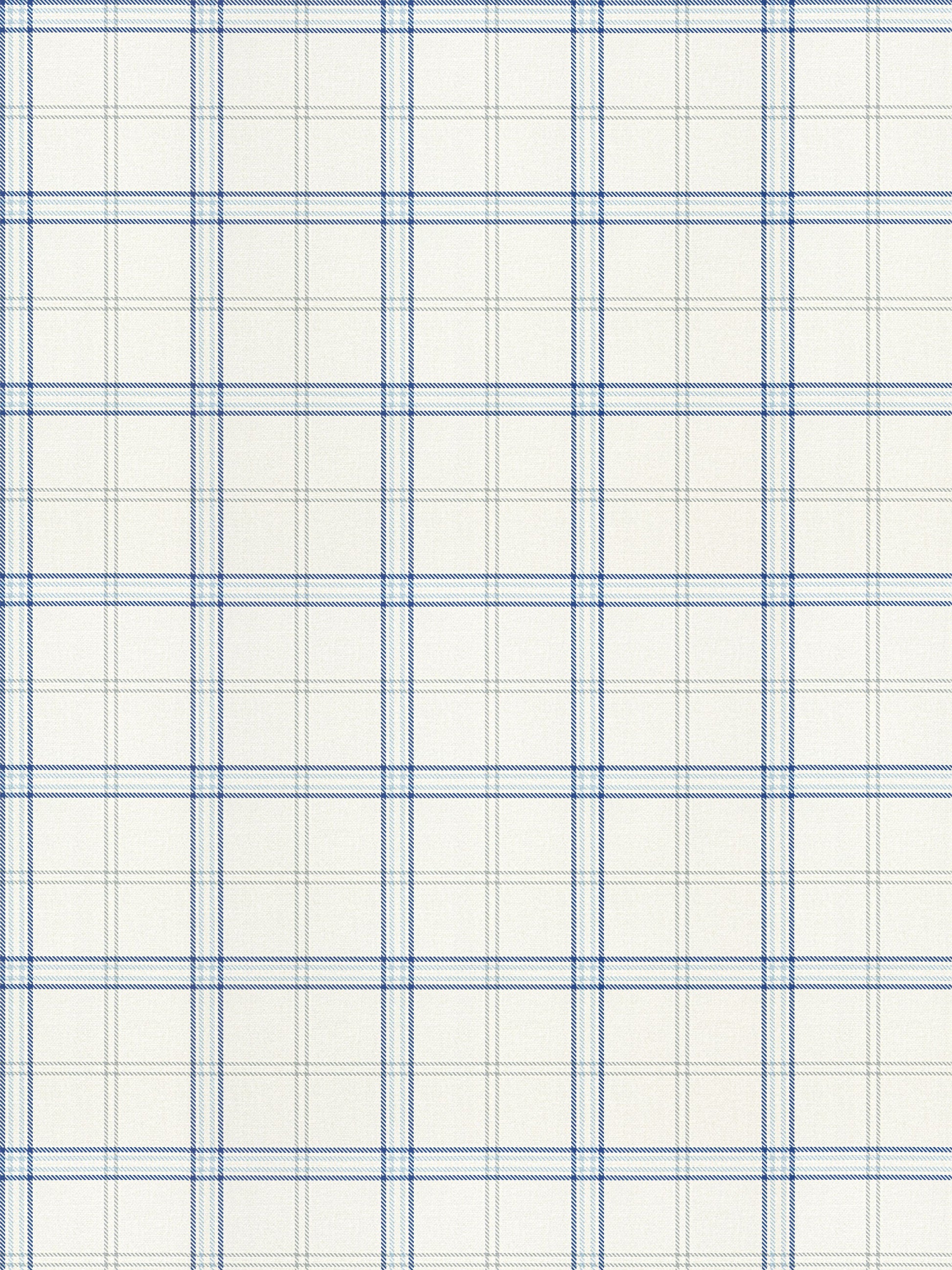 Off-white wallpaper with blue plaid grid pattern; thin and thick blue lines form a classic plaid design.
