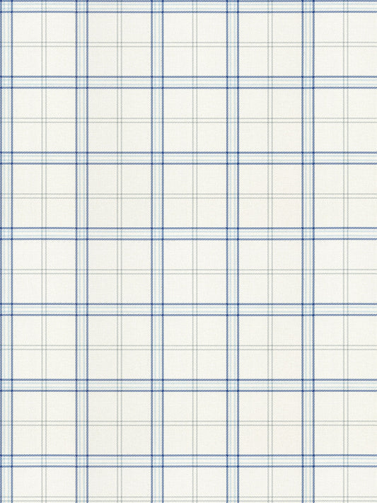 Off-white wallpaper with blue plaid grid pattern; thin and thick blue lines form a classic plaid design.