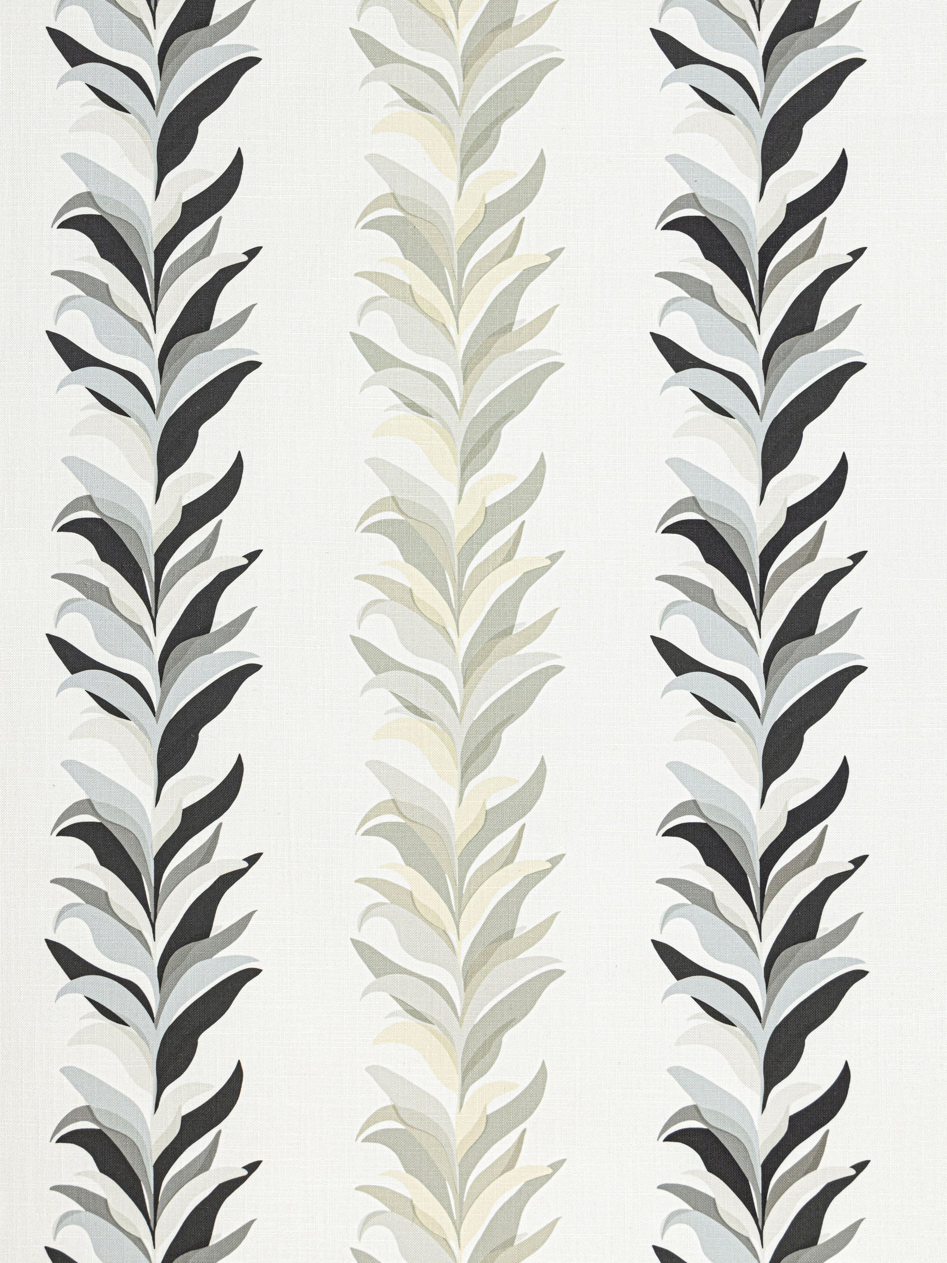 Three vertical vine motifs with ivory and gray-black leaves on a pale background; modern botanical wallpaper pattern.