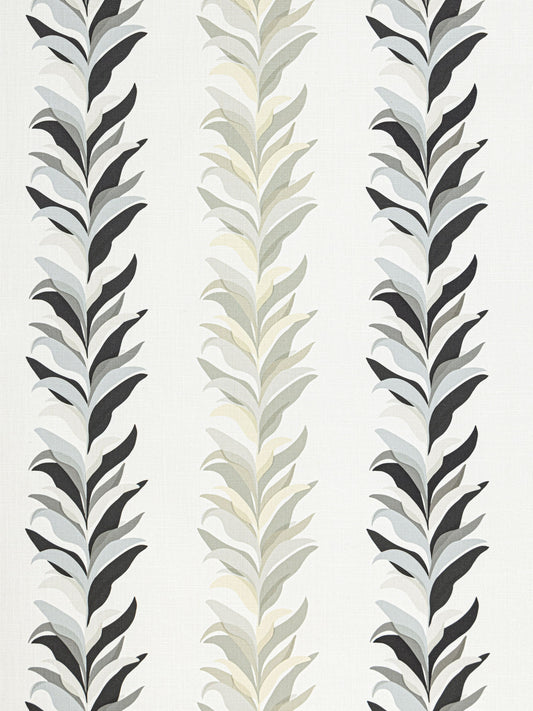 Three vertical vine motifs with ivory and gray-black leaves on a pale background; modern botanical wallpaper pattern.
