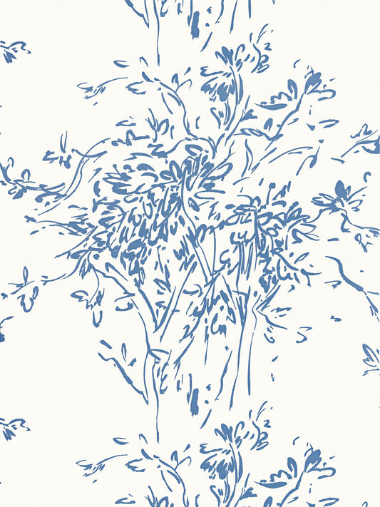 Blue botanical floral pattern with vines and blossoms on white background; delicate line-art design.