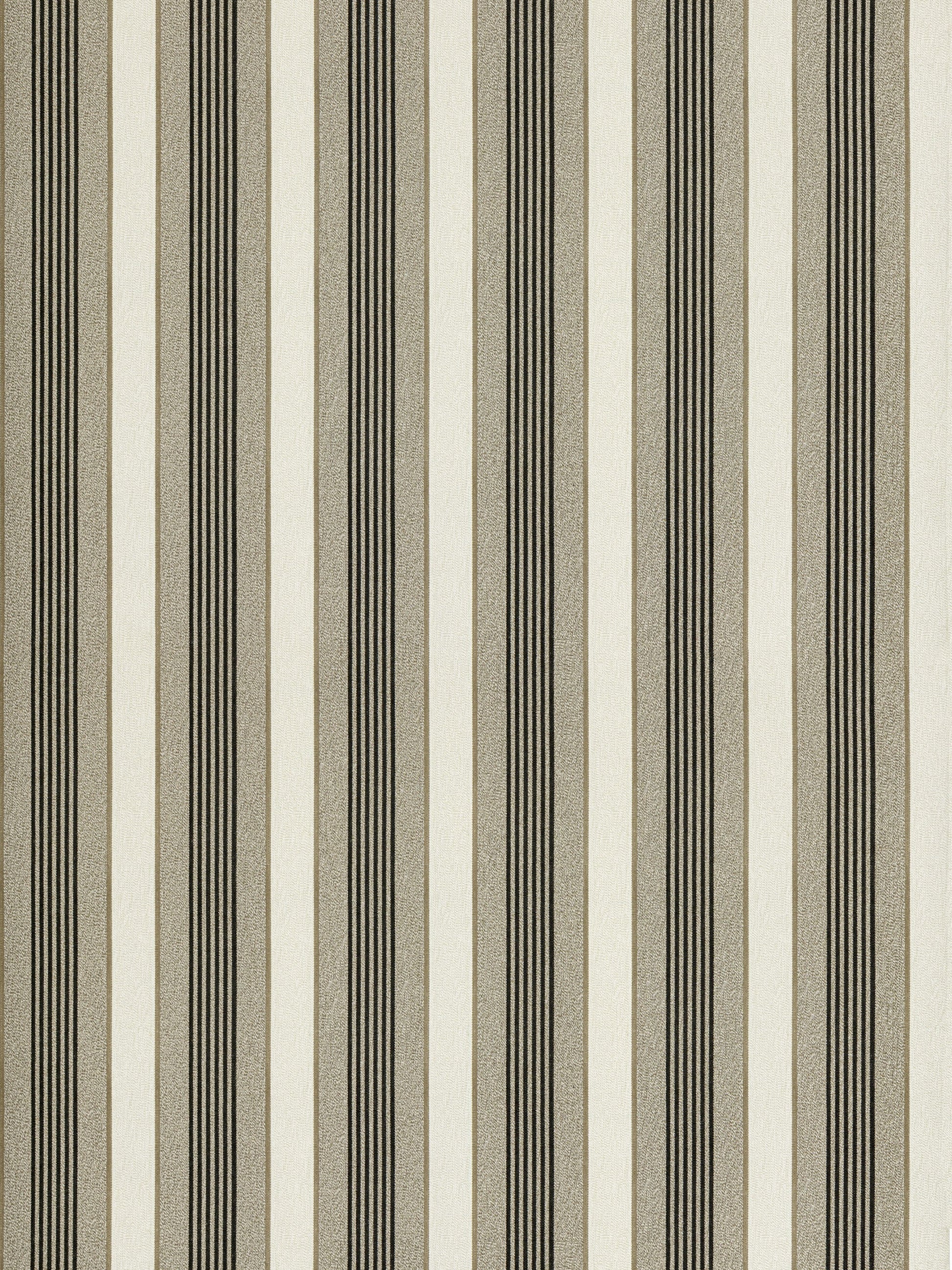 Vertical striped wallpaper: alternating wide cream panels with narrow dark brown stripes.