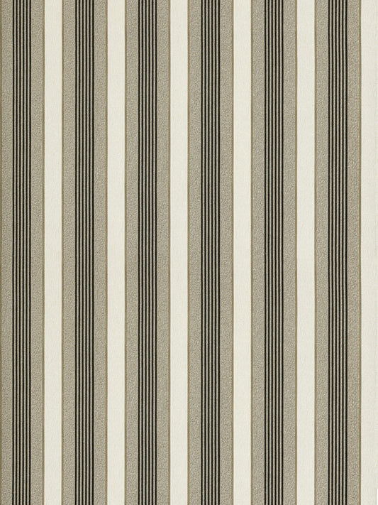 Vertical striped wallpaper: alternating wide cream panels with narrow dark brown stripes.