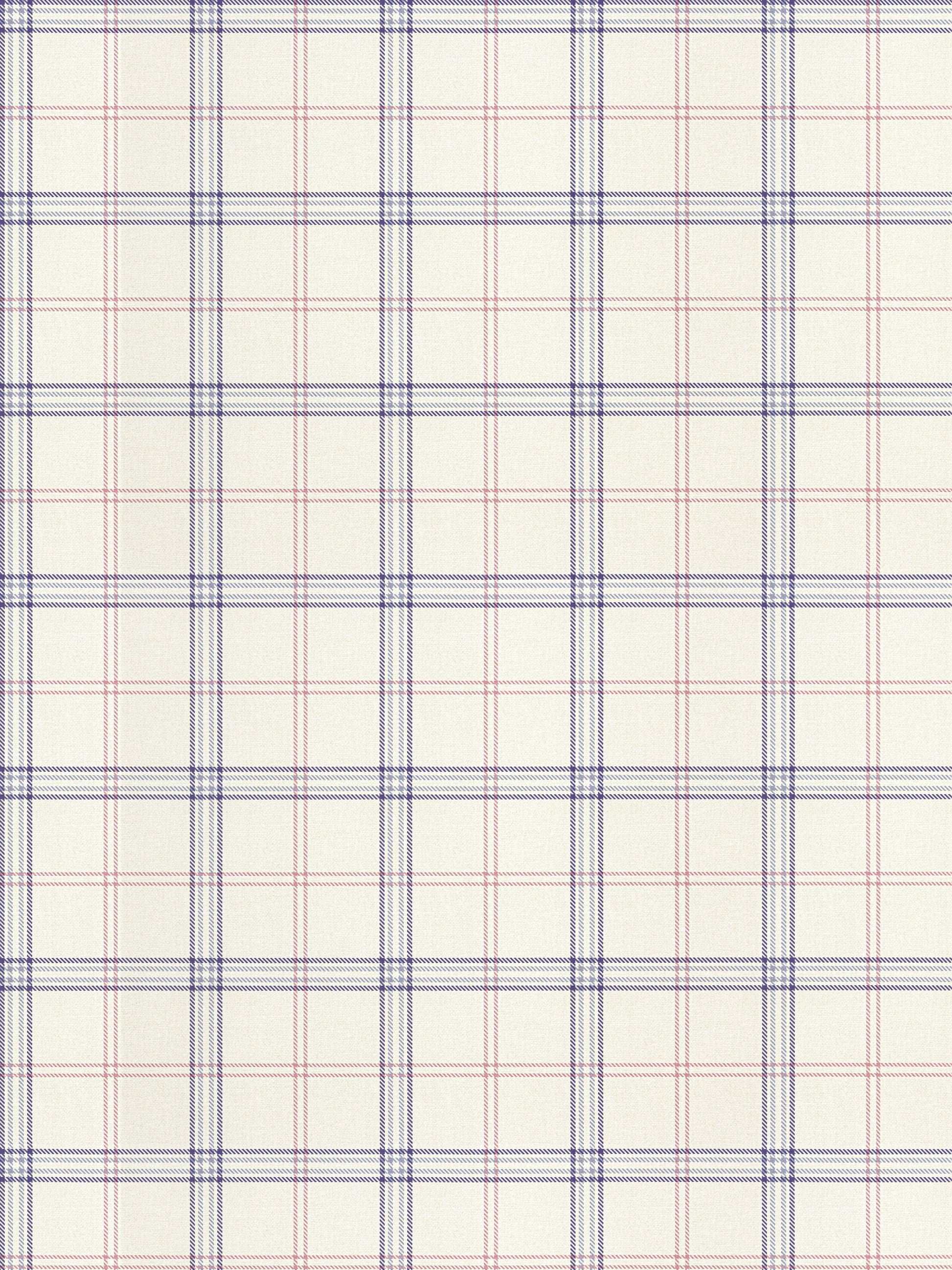 Beige plaid fabric swatch with blue and red grid lines forming a classic check pattern.