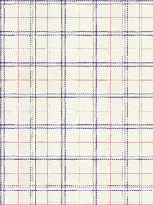 Beige plaid fabric swatch with blue and red grid lines forming a classic check pattern.