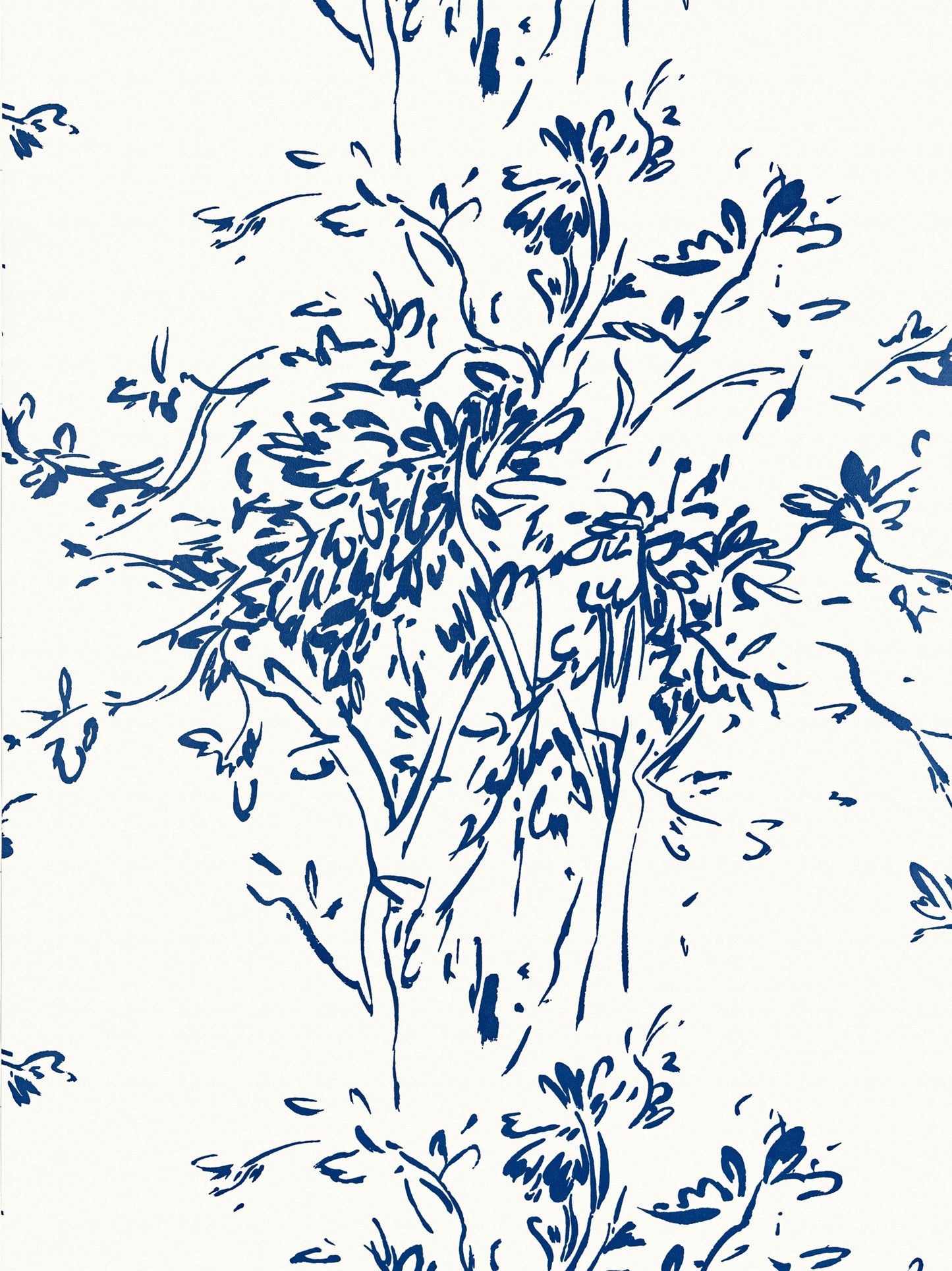 Blue cobalt floral wallpaper pattern with intertwining vines and leaves on a white background; decorative botanical print.